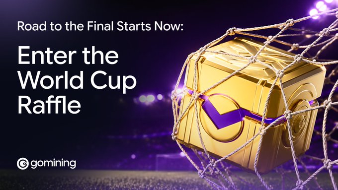A promotional graphic featuring a golden World Cup-style trophy ball caught in a soccer net with purple stadium lights in the background, displaying the text "Road to the Final Starts Now: Enter the World Cup Raffle" alongside the gomining logo. The soccer imagery reinforces the World Cup raffle theme, visually representing the tournament journey from the Round of 32 through to the final round mentioned in the accompanying post.