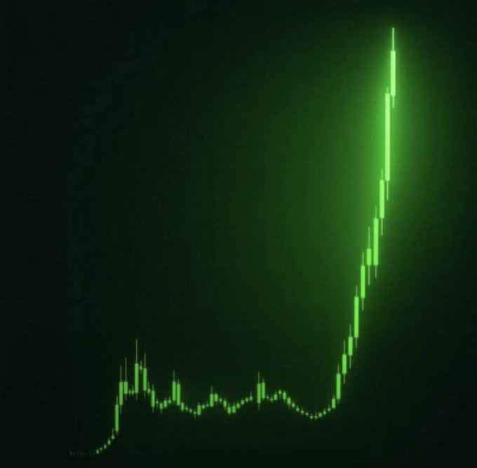 A green candlestick chart on a dark background shows a dramatic upward price spike rising sharply from a relatively flat baseline.
