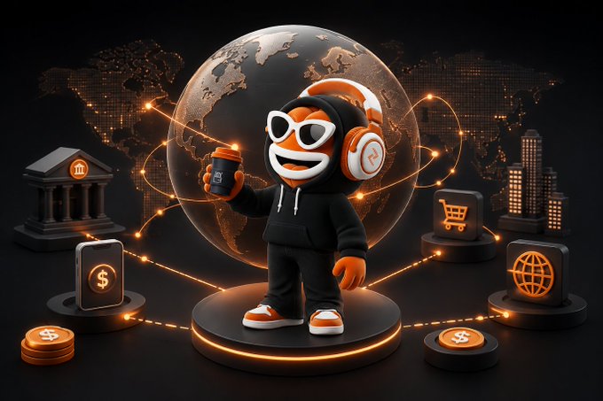 A 3D-rendered character wearing a black hoodie, white-framed glasses, and orange headphones holding a phone, standing in front of a glowing globe with icons representing banking, e-commerce, and global connectivity surrounding it.