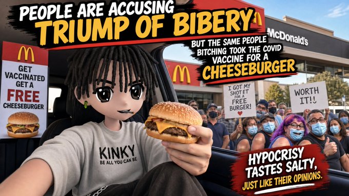 A satirical political graphic showing an anime-style character holding a cheeseburger in front of a McDonald's, with text reading 'PEOPLE ARE ACCUSING TRIUMP OF BIBERY, BUT THE SAME PEOPLE BITCHING TOOK THE COVID VACCINE FOR A CHEESEBURGER' and 'HYPOCRISY TASTES SALTY, JUST LIKE THEIR OPINIONS'.