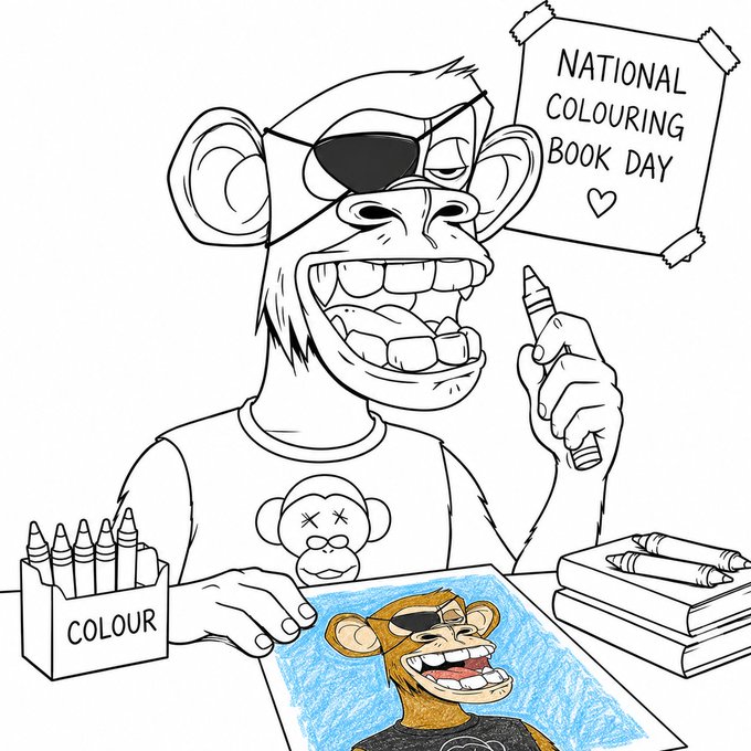 A black-and-white line drawing of a monkey wearing an eyepatch and a Bored Ape t-shirt, holding a crayon next to a box labeled 'COLOUR', with a note reading 'NATIONAL COLOURING BOOK DAY' and a partially colored drawing of itself.