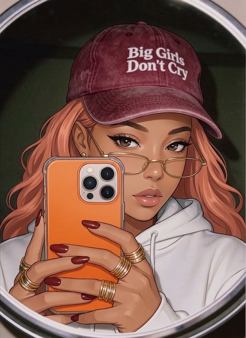 A stylized illustration of a young woman with long wavy hair, glasses, and multiple gold rings, taking a mirror selfie with an orange iPhone while wearing a maroon cap that reads 'Big Girls Don't Cry'.