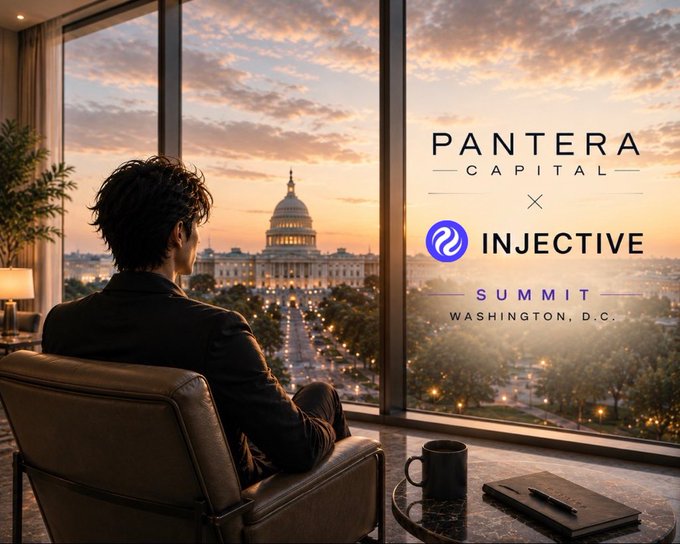 The image features a man sitting in an office chair, looking out at a cityscape with the Pantera Capital logo visible behind him. The text "pantera capital @injective Summit" is displayed above the man's head, indicating that the event is taking place at the Pantera Capital headquarters. The man appears to be attending or observing the summit from his office chair, which suggests he might be a participant in the event.
