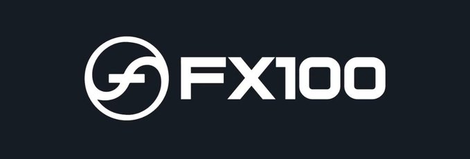 A white logo featuring a stylized 'G' inside a circle next to the text 'FX100' is displayed on a dark background.