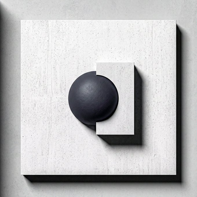 A minimalist 3D rendering of a black sphere partially intersected by a rectangular block, mounted on a textured concrete-like square surface.