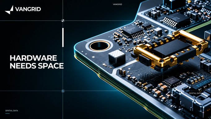 A futuristic tech advertisement for 'VANGRID' featuring a high-tech circuit board design with the tagline 'HARDWARE NEEDS SPACE'.