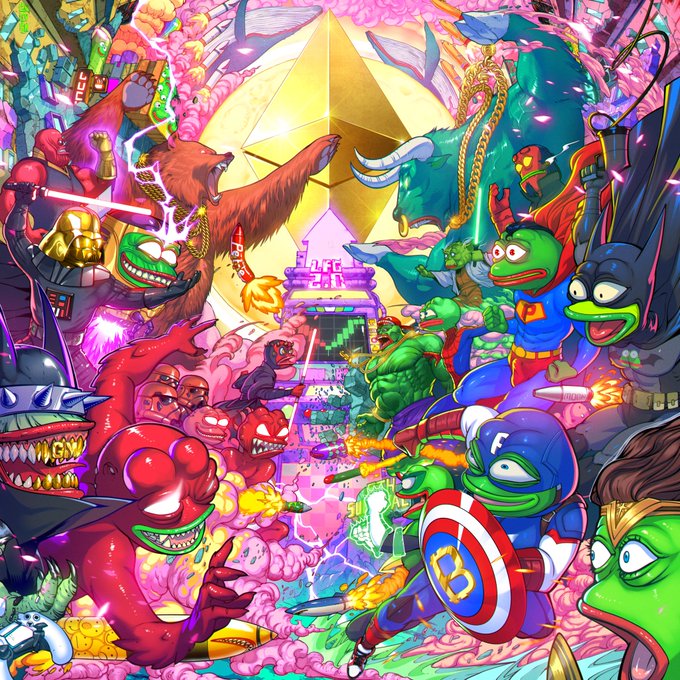A chaotic, vibrant digital illustration featuring Pepe the Frog characters as various superheroes and villains (including Captain America and Darth Vader) battling around a glowing golden pyramid in a colorful psychedelic scene.