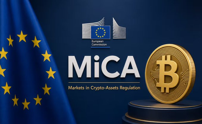 A graphic featuring the European Union flag, the European Commission logo, and 'MiCA - Markets in Crypto-Assets Regulation' text alongside a gold Bitcoin coin on a pedestal.
