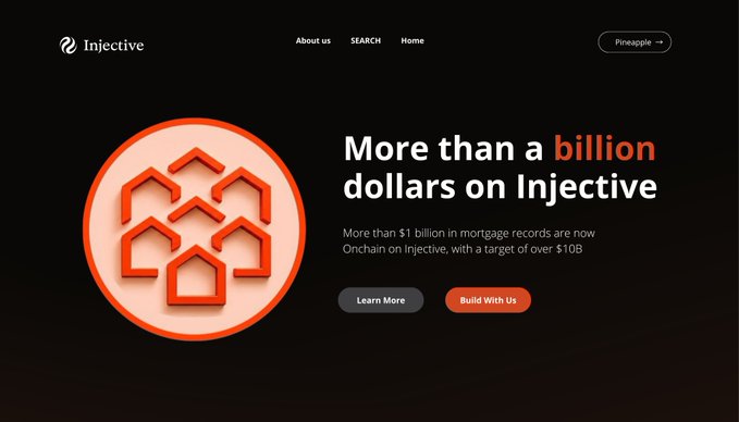 A landing page for Injective featuring a 3D orange icon of houses and the headline "More than a billion dollars on Injective," with a subtitle about $1 billion in mortgage records onchain.