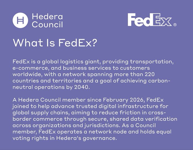 An informational graphic from the Hedera Council explaining 'What Is FedEx?', noting FedEx is a global logistics giant and a Hedera Council member since February 2026.