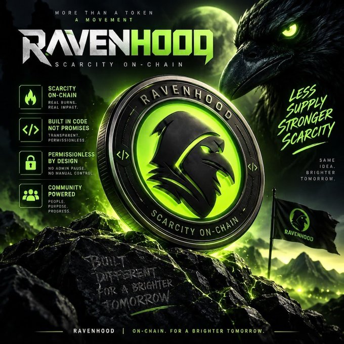 Promotional graphic for Ravenhood ($RVH) featuring a glowing green token emblazoned with a hooded raven crest, set against a dark, mountainous backdrop with the tagline "Scarcity On-Chain" and a raven flag, visually supporting the post's discussion of Ravenhood's tokenomic scarcity mechanisms and protocol-level purpose.