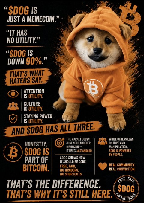 A promotional poster for $DOG cryptocurrency featuring a Shiba Inu puppy in an orange Bitcoin hoodie, with text declaring '$DOG IS PART OF BITCOIN' and arguments that 'Attention is utility, Culture is utility, Staying power is utility,' branding it 'FREE. FAIR. FOR THE PEOPLE.'