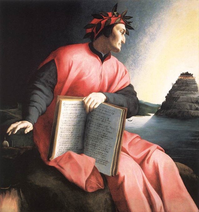 A Renaissance painting depicts Dante Alighieri in red robes with a laurel wreath, holding an open book, with Mount Purgatory visible in the background.