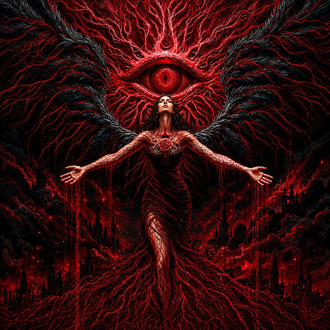 A dark, surreal digital artwork depicting a woman in a flowing dress with her arms outstretched, positioned beneath a large, glowing red eye surrounded by wing-like, root-like structures.