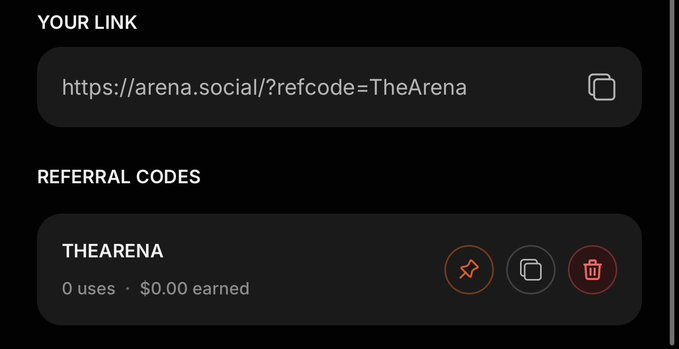 A dark-themed interface showing a referral link 'https://arena.social/?refcode=TheArena' and a referral code 'THEARENA' with 0 uses and $0.00 earned.