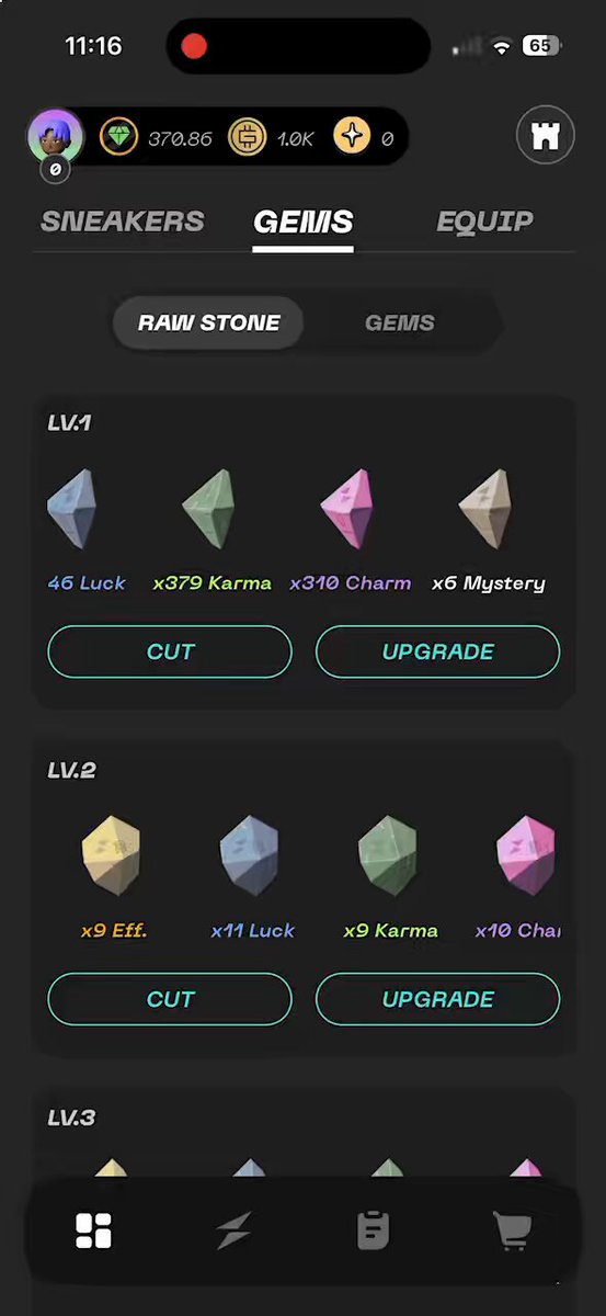 The image shows a phone screen displaying an app called "Geleins" with various game options, including a "Rune Stone" game that has already been completed. The user's progress is at step 9 out of 10, indicating they have completed 9 out of the 12 steps in the game. The app also offers upgrades and rare sneakers as part of its gameplay experience.