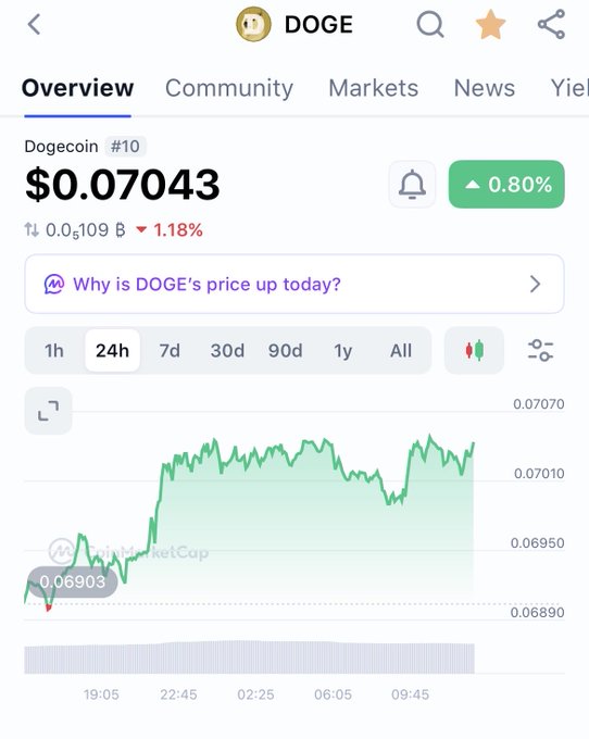 A mobile screenshot of a crypto tracking app showing Dogecoin (DOGE) priced at $0.07043 with a 24-hour gain of 0.80%, displayed alongside a 24h candlestick chart ranging between approximately $0.06890 and $0.07070. The modest upward trend visualized in the chart contrasts with the post's bullish claim that DOGE is "holding firm" while eyeing a much higher target of $4.20.