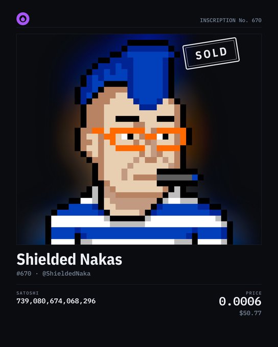 A pixel art NFT profile shows a character named "Shielded Nakas" (#670) by @ShieldedNaka, marked as SOLD with a price of 0.0006 SATOSHI.