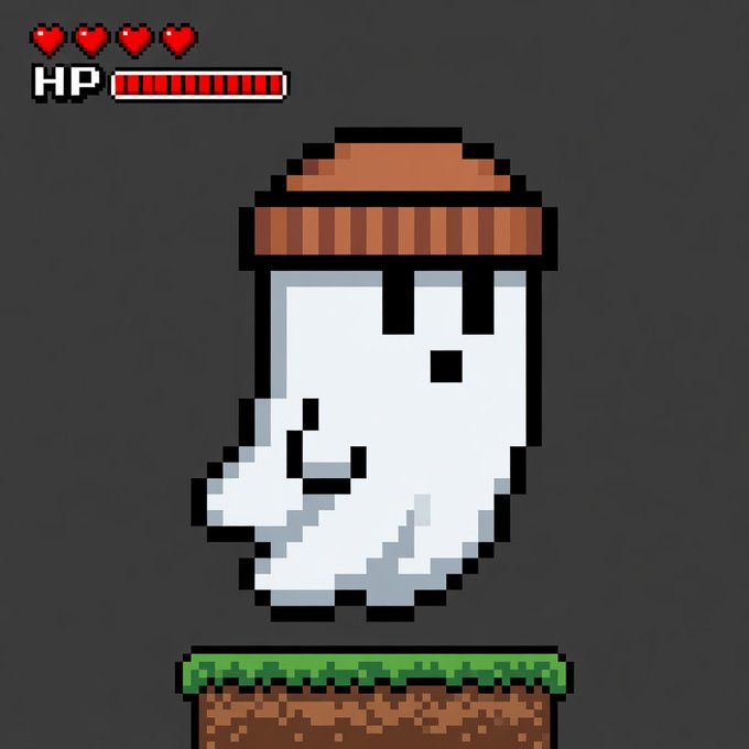 Pixel art featuring a white cartoon ghost wearing a brown beanie, floating above a Minecraft-style grass block with an HP health bar at the top.