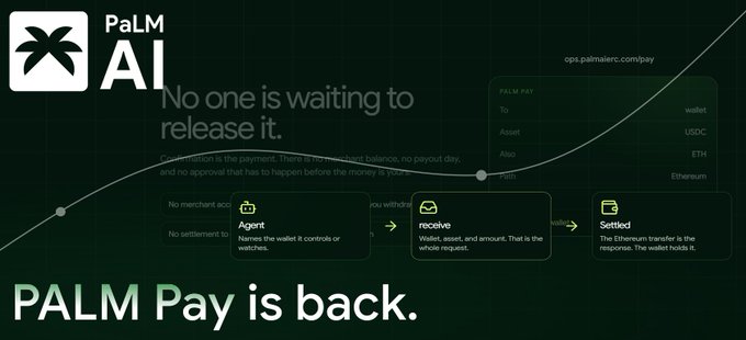 A promotional graphic for 'PaLM AI' announcing 'PALM Pay is back' with interface mockups showing Agent, Receive, and Settled transaction flows.
