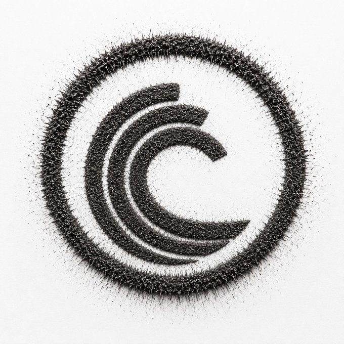 A piece of conceptual art showing a circular copyright 'C' symbol formed entirely out of dark sand, iron filings, or magnetic particles on a white surface.