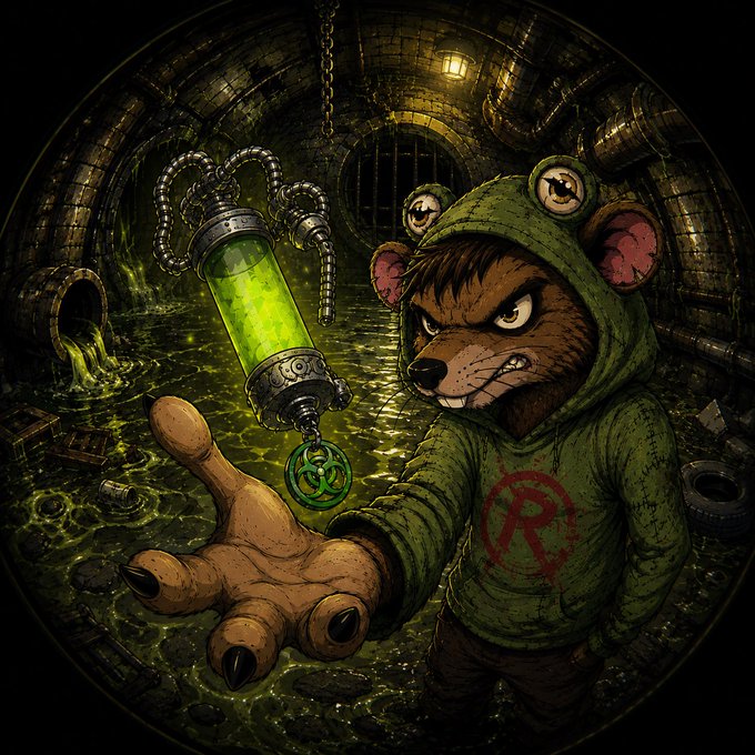An illustrated cartoon of an angry bear-like character in a green hoodie with an 'R' symbol, holding a vial of glowing green liquid with a biohazard charm, set in a grimy sewer tunnel.