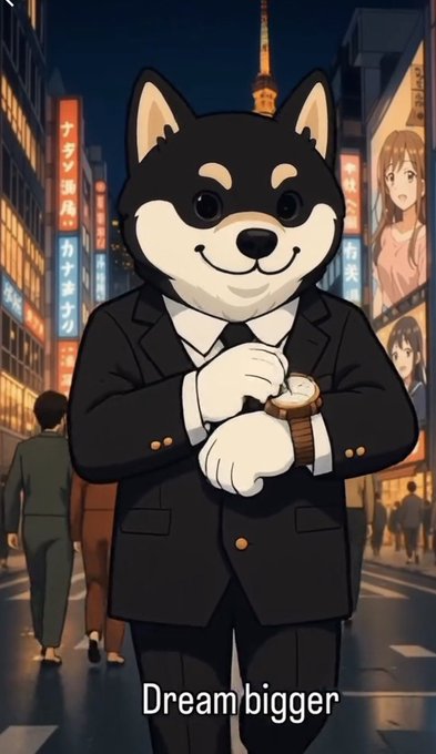 ikebana-style black and white illustration of a dog in a suit, holding a watch and walking on the street with text above it.