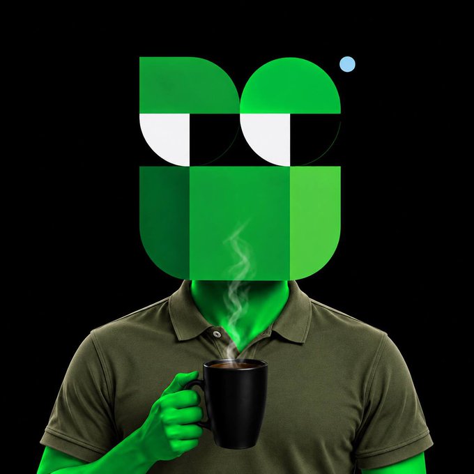 Stylized digital artwork featuring a person in a green polo shirt holding a steaming black coffee mug, with a geometric green and white logo obscuring their face against a black background.
