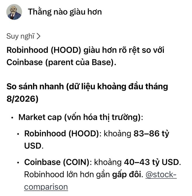 A Vietnamese social media post titled 'Thằng nào giàu hơn' (Which one is richer) comparing market caps: Robinhood (HOOD) is roughly $83-86 billion USD, while Coinbase (COIN) is roughly $40-43 billion USD, making Robinhood nearly double the size.