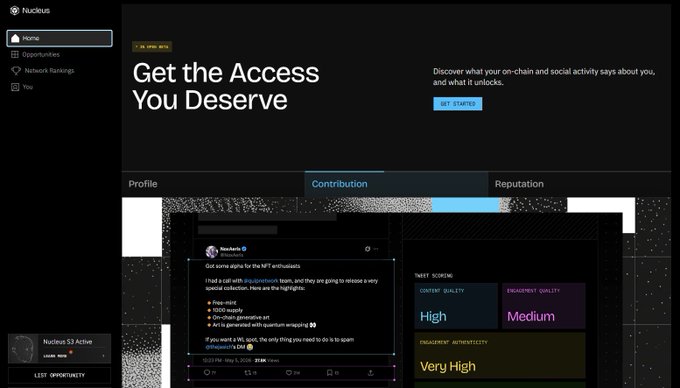 Screenshot of the Nucilus platform with tagline 'Get the Access You Deserve', featuring a Contribution tab displaying a NFT scoring panel with ratings for Content Quality (High), Engagement Quality (Medium), and Engagement Authenticity (Very High).