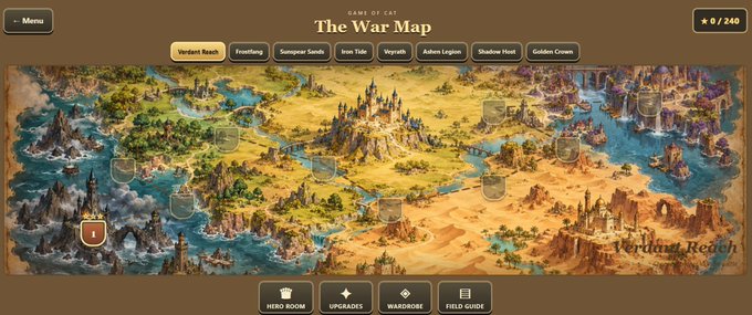Screenshot of 'Game of Cat: The War Map' featuring a fantasy map of 'Verdant Reach' with location tabs including Frostfang and Samper Sands, and bottom menu options like Hero Room and Upgrades.