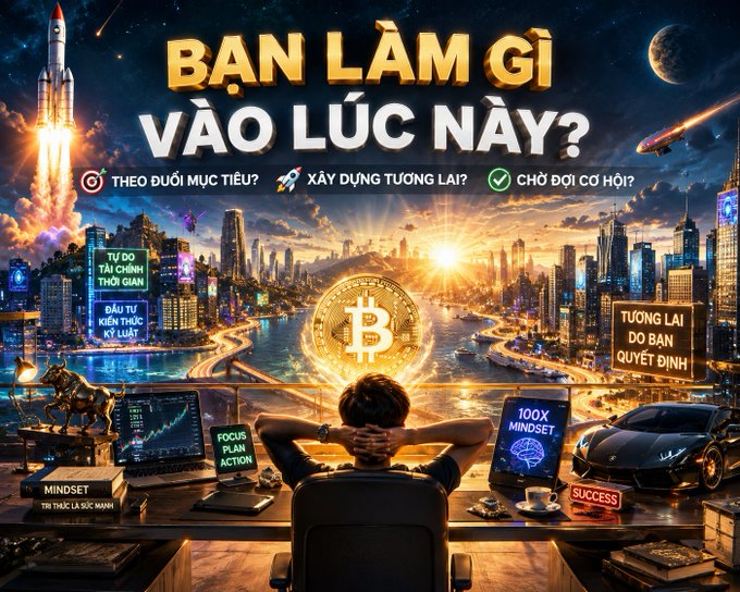 A motivational Vietnamese motivational poster asks "BẠN LÀM GÌ VÀO LÚC NAY?" (What are you doing right now?) over a futuristic cityscape, featuring a person gazing at a glowing Bitcoin symbol with inspirational text like "MINDSET," "FOCUS PLAN ACTION," "100X MINDSET," and "SUCCESS"—visually reinforcing the post's message about choosing to build skills and stay patient during fearful market downturns rather than reacting emotionally.
