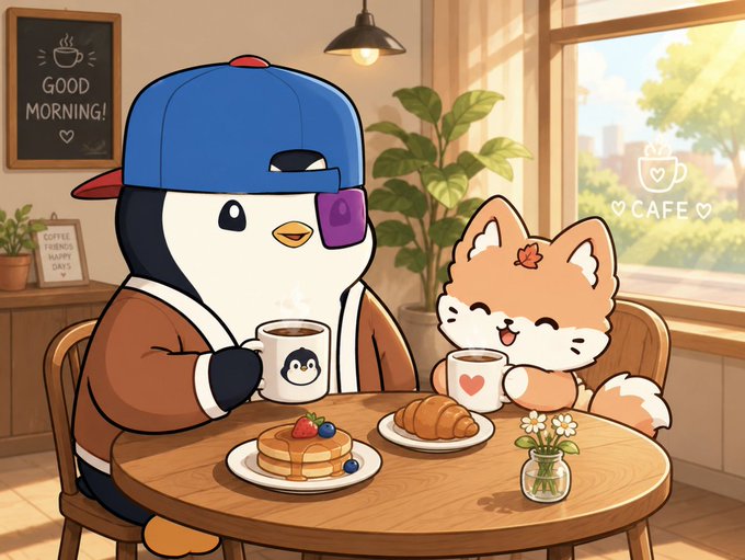 Cute cartoon illustration of a penguin in a blue cap and a Shiba Inu sharing coffee and pancakes in a cozy cafe with a 'GOOD MORNING!' chalkboard.