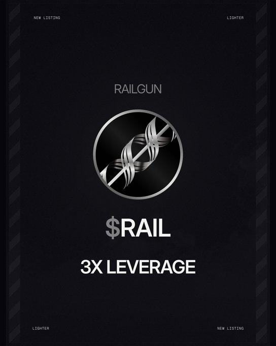 The image features a black background with white text that reads "New Lighter" at the top, followed by "Railgun" below it. Below these two words are three lines of white text that say "3x leverage". The image also includes an illustration of a gun and a dollar sign in the center.