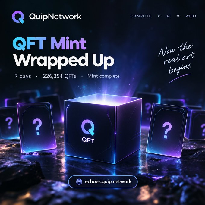 A promotional graphic for QuipNetwork's "QFT Mint Wrapped Up" event, showing 226,354 QFTs minted with a glowing central cube.
