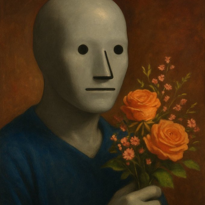 An artistic painting of a pale, mannequin-like figure holding a bouquet of orange roses and small pink flowers against a dark brown background.