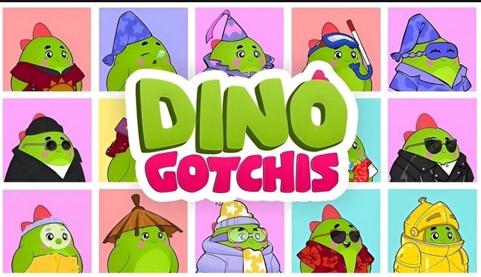 A colorful grid of cartoon green dinosaur characters in various costumes surrounds the title 'DINO GOTCHIS'.