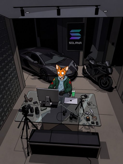 A digital artwork depicting an anthropomorphic fox character working at a computer desk in a modern garage, with a sports car and motorcycle behind him and a 'SOLANA' poster on the wall.