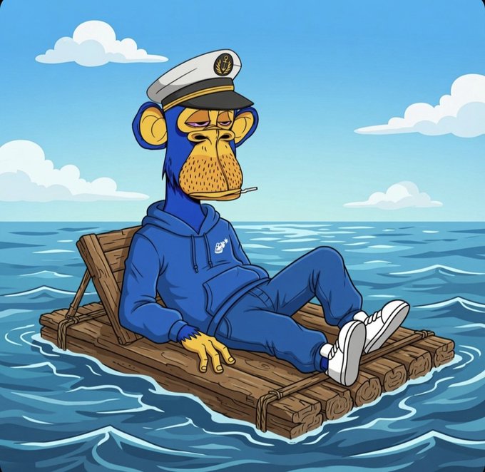 A cartoon illustration of a blue monkey character wearing a sailor cap and blue tracksuit, reclining on a wooden raft floating in the ocean.
