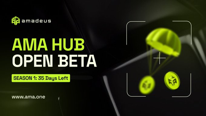 A promotional banner for Amadeus featuring the text 'AMA HUB OPEN BETA' and 'SEASON 1: 35 Days Left' alongside a graphic of a glowing green parachute delivering coins, with the URL www.ama.one.
