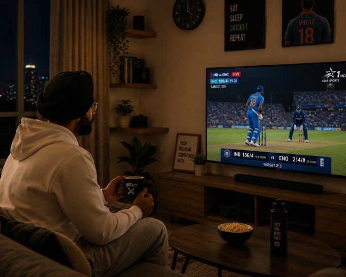 A man sits in a dimly lit living room watching an India vs. England cricket match on TV, holding a controller, with a 'EAT SLEEP CRICKET REPEAT' poster and Virat Kohli jersey on the wall.