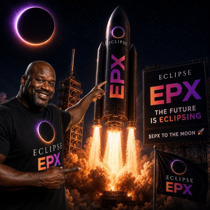 A promotional image featuring Shaquille O'Neal wearing an 'ECLIPSE EPX' t-shirt, pointing at a rocket launching with the same branding, alongside a billboard reading 'ECLIPSE EPX - THE FUTURE IS ECLIPSING - SEPX TO THE MOON.'
