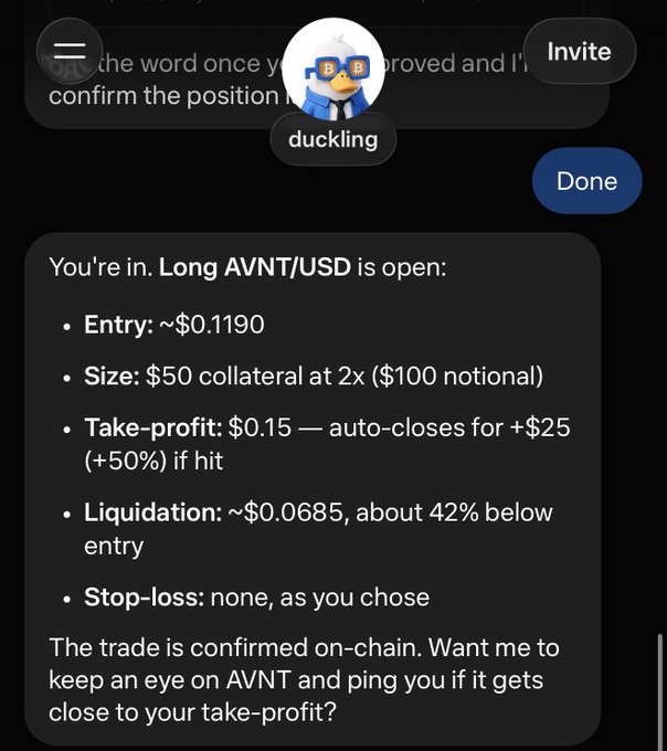 A screenshot of a chatbot named 'duckling' confirms a trade: 'Long AVNT/USD is open' with entry ~$0.1190, take-profit $0.15, and liquidation ~$0.0685.