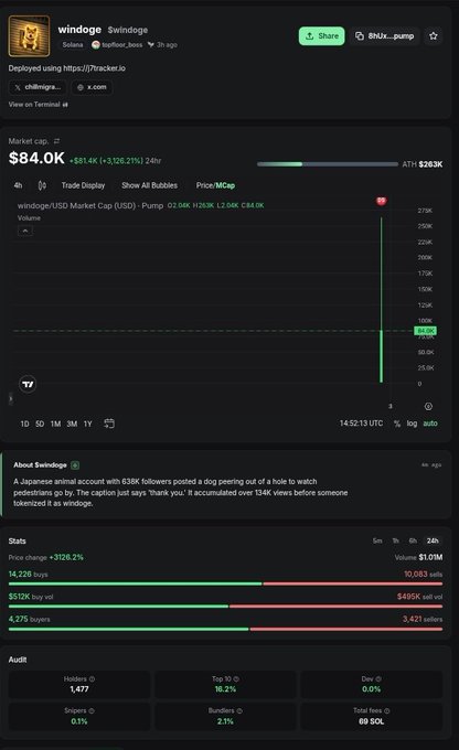 A Pump.fun trading interface for the token "$windoge" with a market cap of $84.0K, showing price charts and holder statistics.