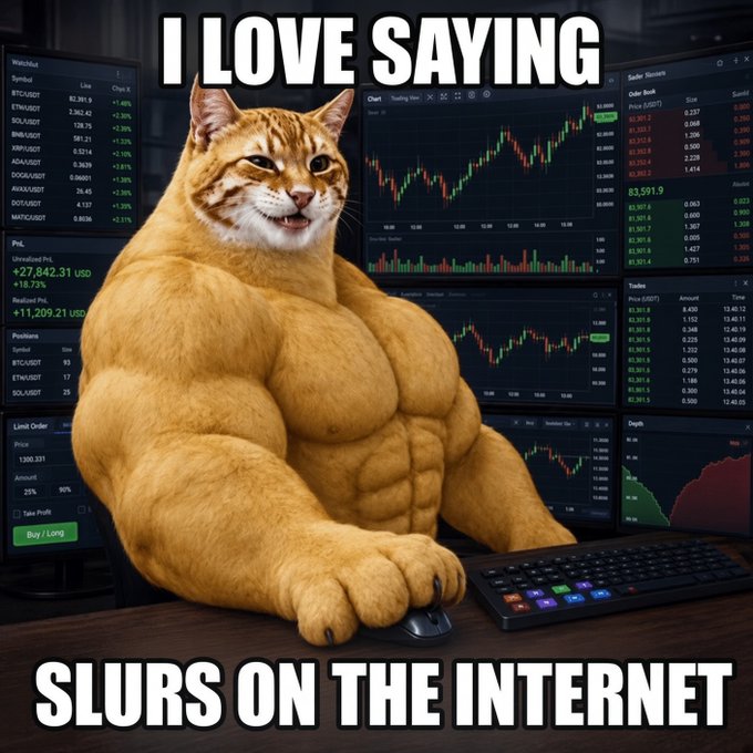 A meme featuring a muscular orange cat sitting at a trading desk with cryptocurrency charts, captioned 'I LOVE SAYING SLURS ON THE INTERNET' in bold white text.