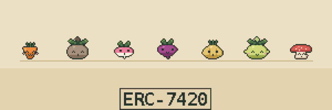 The image displays a row of seven pixel-art styled fruits and mushrooms with cute faces—including a carrot, berry, mushroom, beet, pear, apple, and another mushroom—above the text "ERC-7420," illustrating the new swap-native NFT standard introduced through the Rootwood collection in a whimsical, collectible art style.