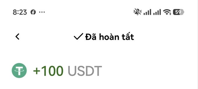 A mobile phone screenshot in Vietnamese showing 'Đã hoàn tất' (Completed) with a green '+100 USDT' transaction from Tether, time-stamped 8:23.