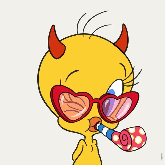 A cartoon illustration of the yellow Looney Tunes character Tweety Bird wearing red heart-shaped sunglasses and blowing on a colorful party horn.