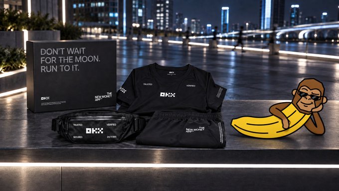 A nighttime product photo showing black OKX-branded merchandise on a bench, including a long-sleeve shirt, fanny pack, and shorts alongside a black box reading "DON'T WAIT FOR THE MOON. RUN TO IT." and a cartoon monkey resting on a yellow banana.