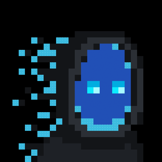 A pixel art image of a blue ghost-like figure wearing a dark hood, with cyan pixelated trailing edges on a black background.
